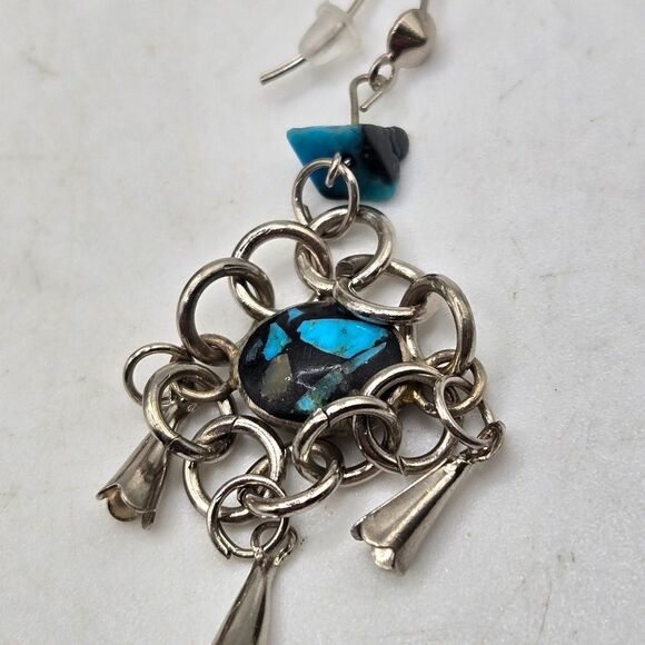 "5/$25" Mismatched Southwestern Silvertone Brown/Turquoise Dangle Earrings - Picture 5 of 8